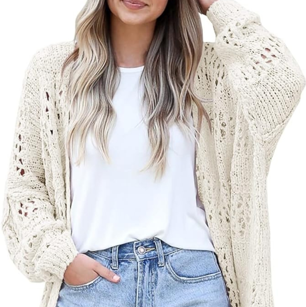 Women's crochet boho style cream open front cardigan sweater
